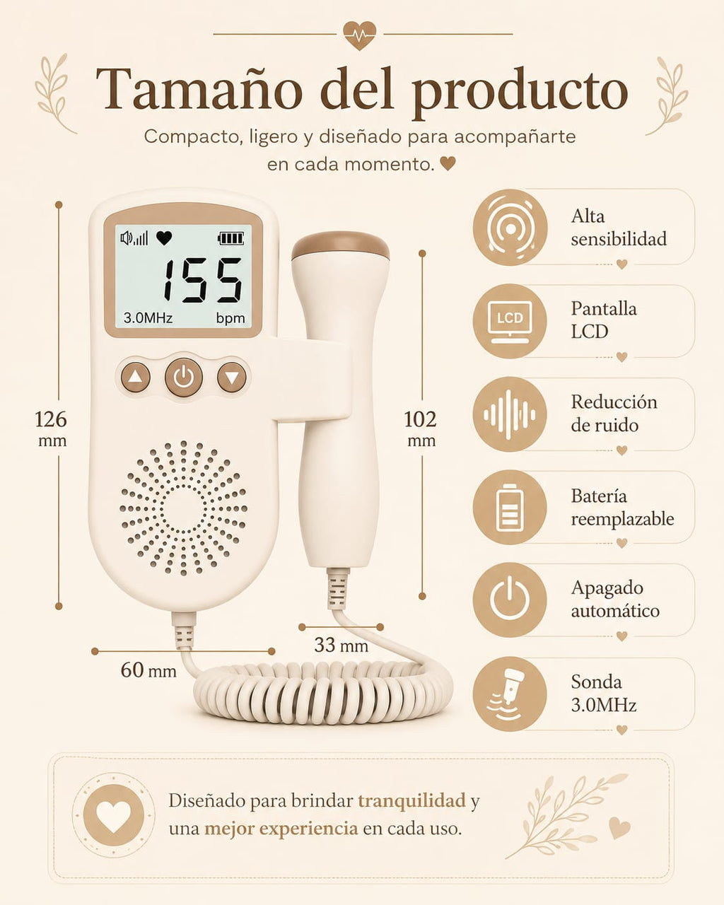 Doppler Fetal Portátil | Monitor de Latidos del Bebé