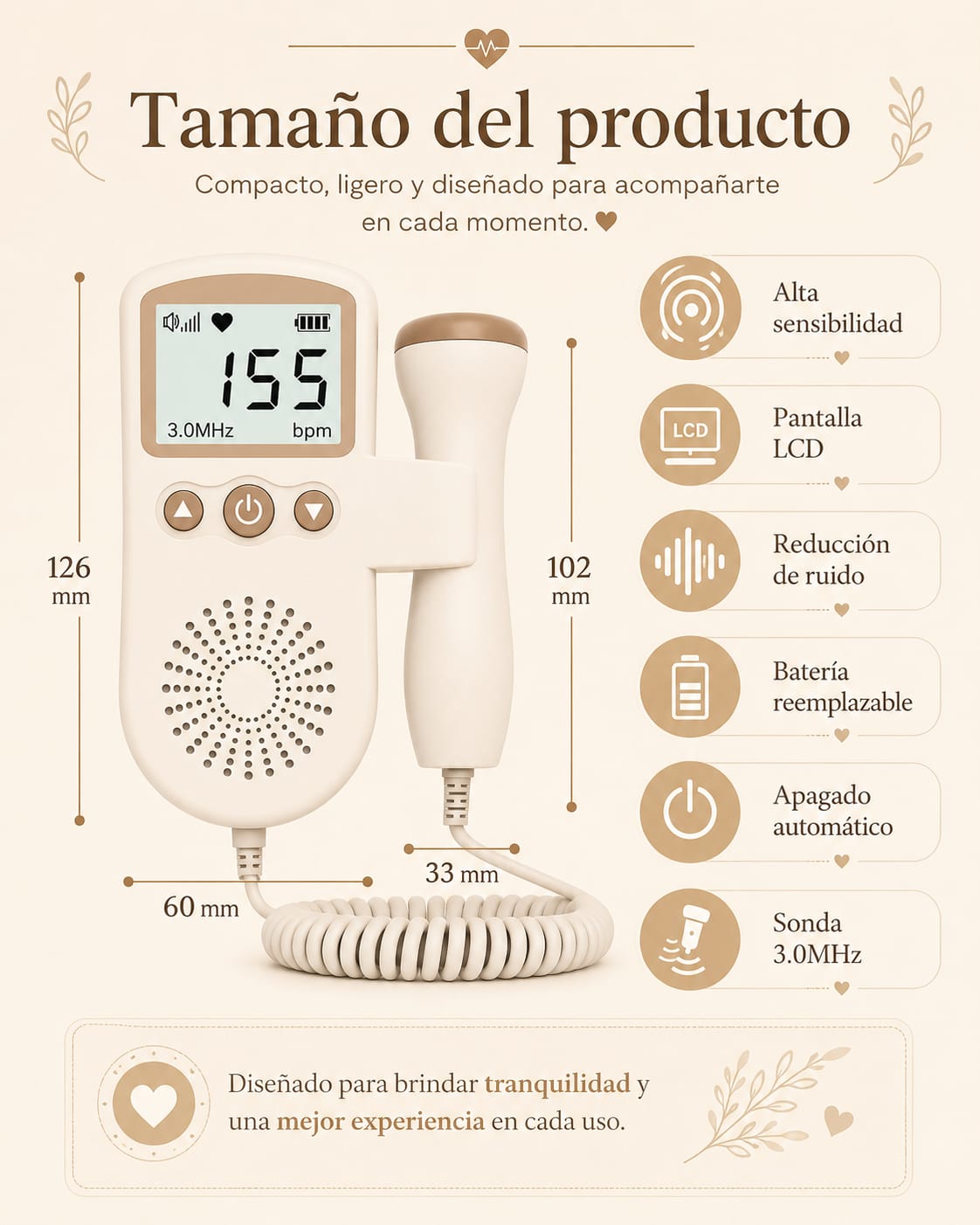 Doppler Fetal Portátil | Monitor de Latidos del Bebé