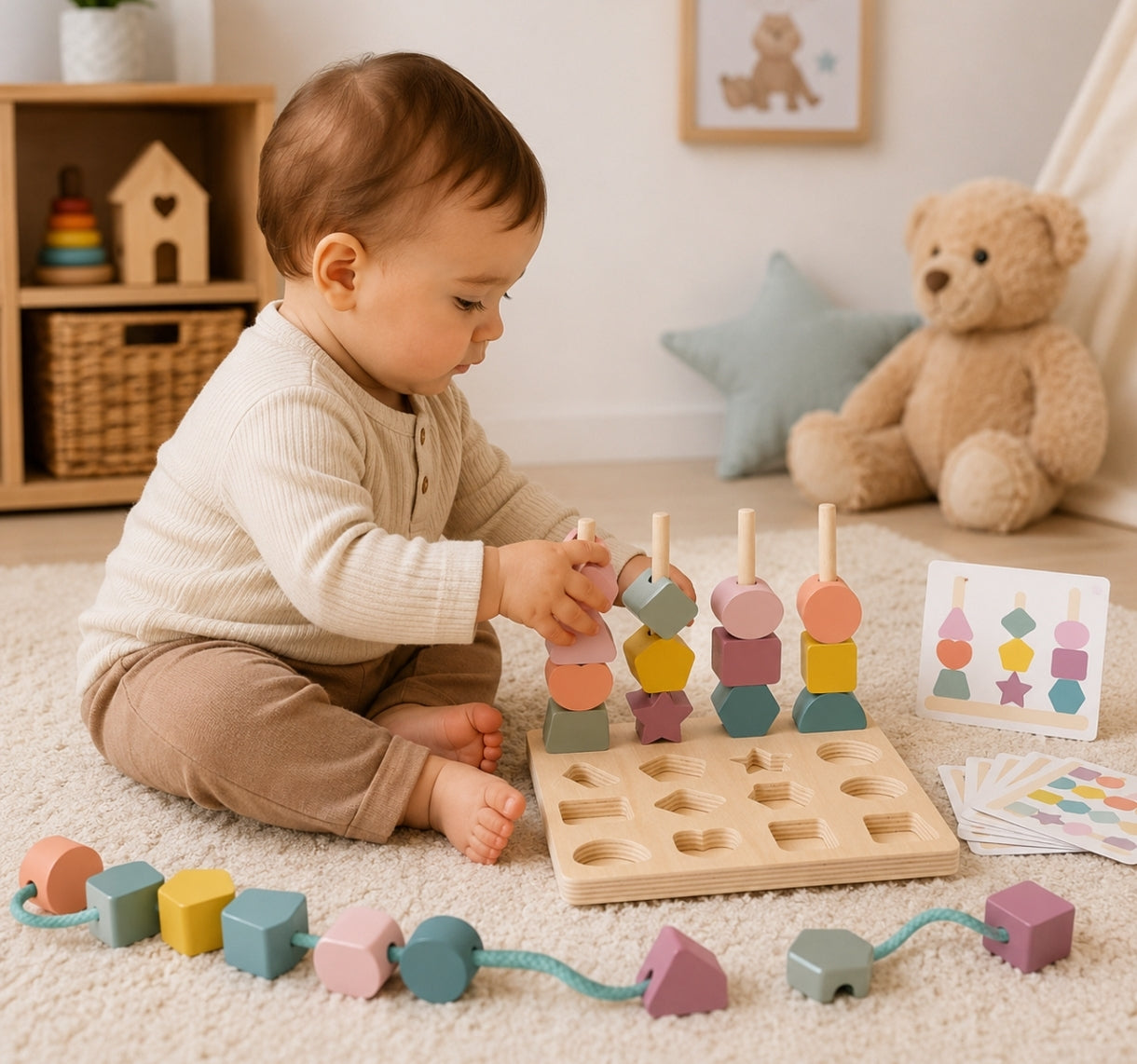 Tablero Montessori 3 en 1 | Apilamiento y Clasificación