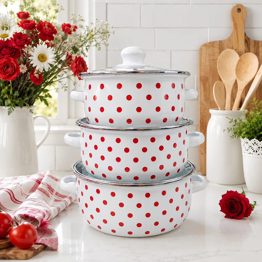 Juego de Ollas de Peltre Porcelanizado | Color Blanco puntos Rojos