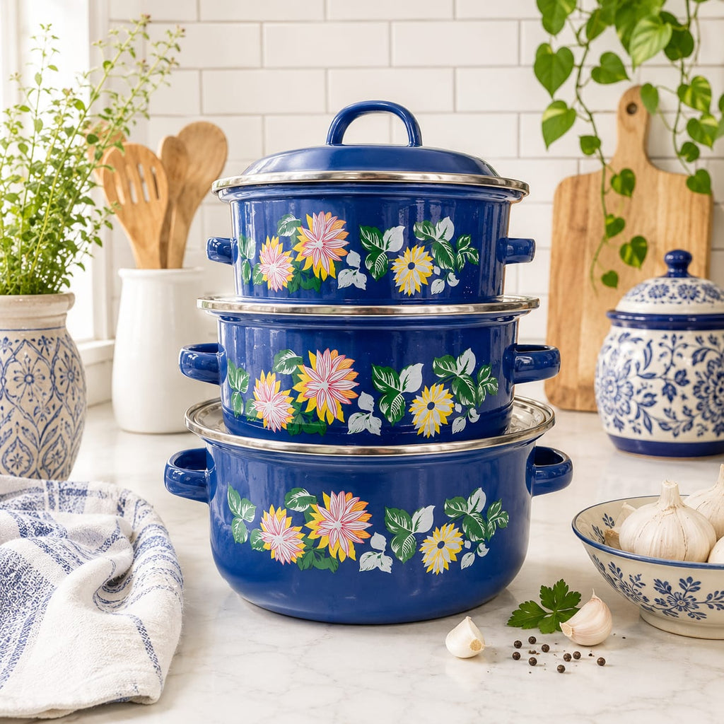 Juego de Ollas de Peltre Porcelanizado | Color Azul Diseño de Floreado