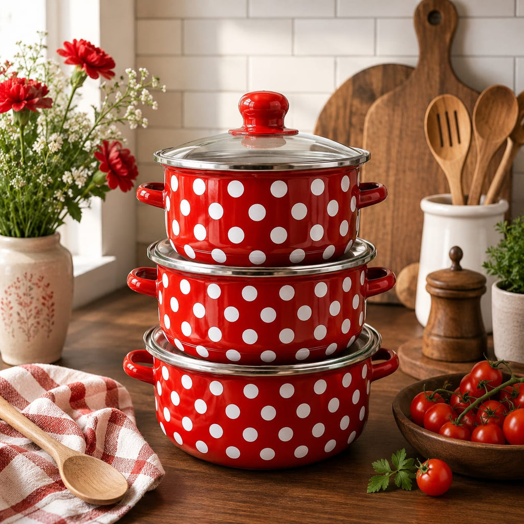 Juego de Ollas de Peltre Porcelanizado | Color Rojo puntos Blancos