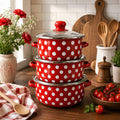 Juego de Ollas de Peltre Porcelanizado | Color Rojo puntos Blancos