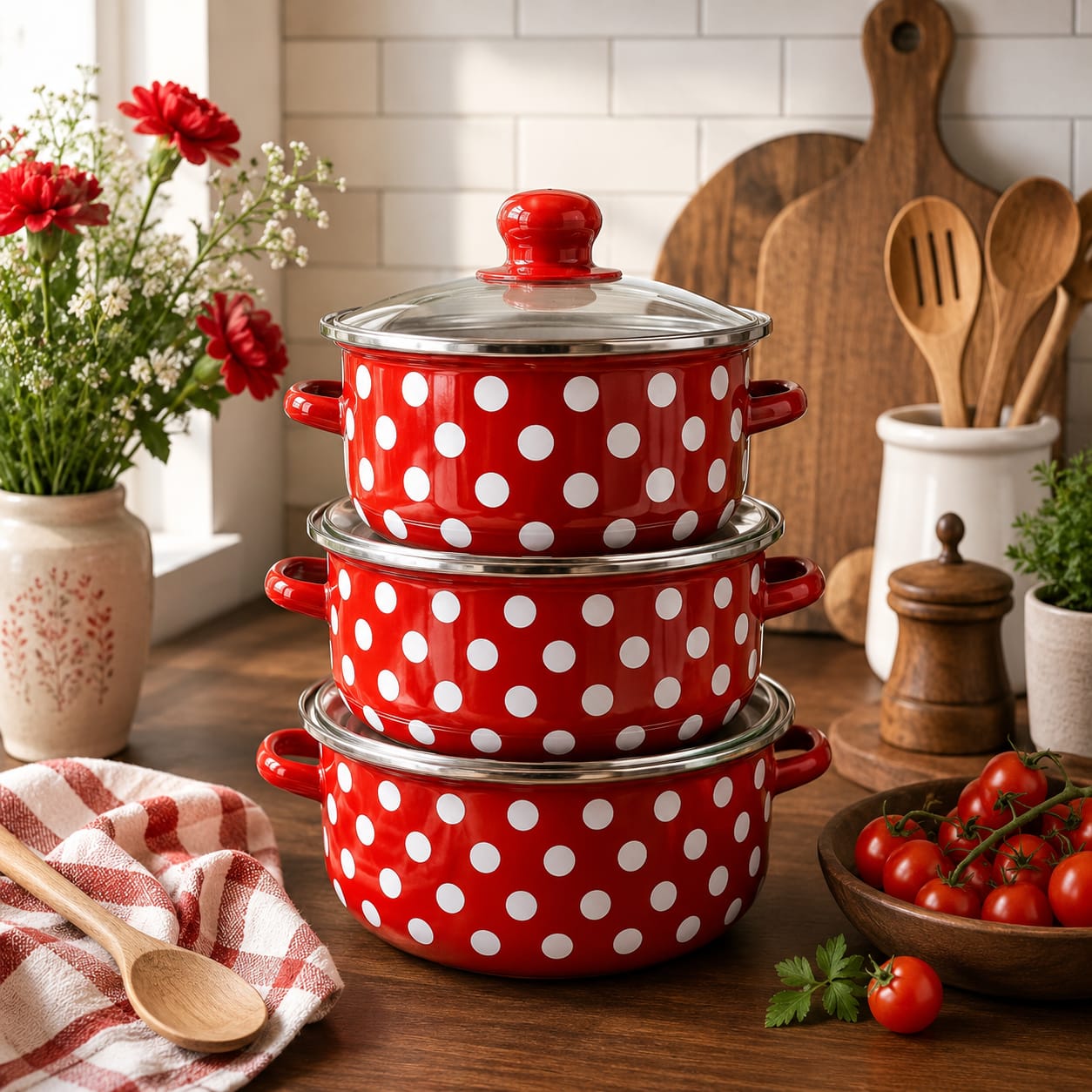 Juego de Ollas de Peltre Porcelanizado | Color Rojo puntos Blancos